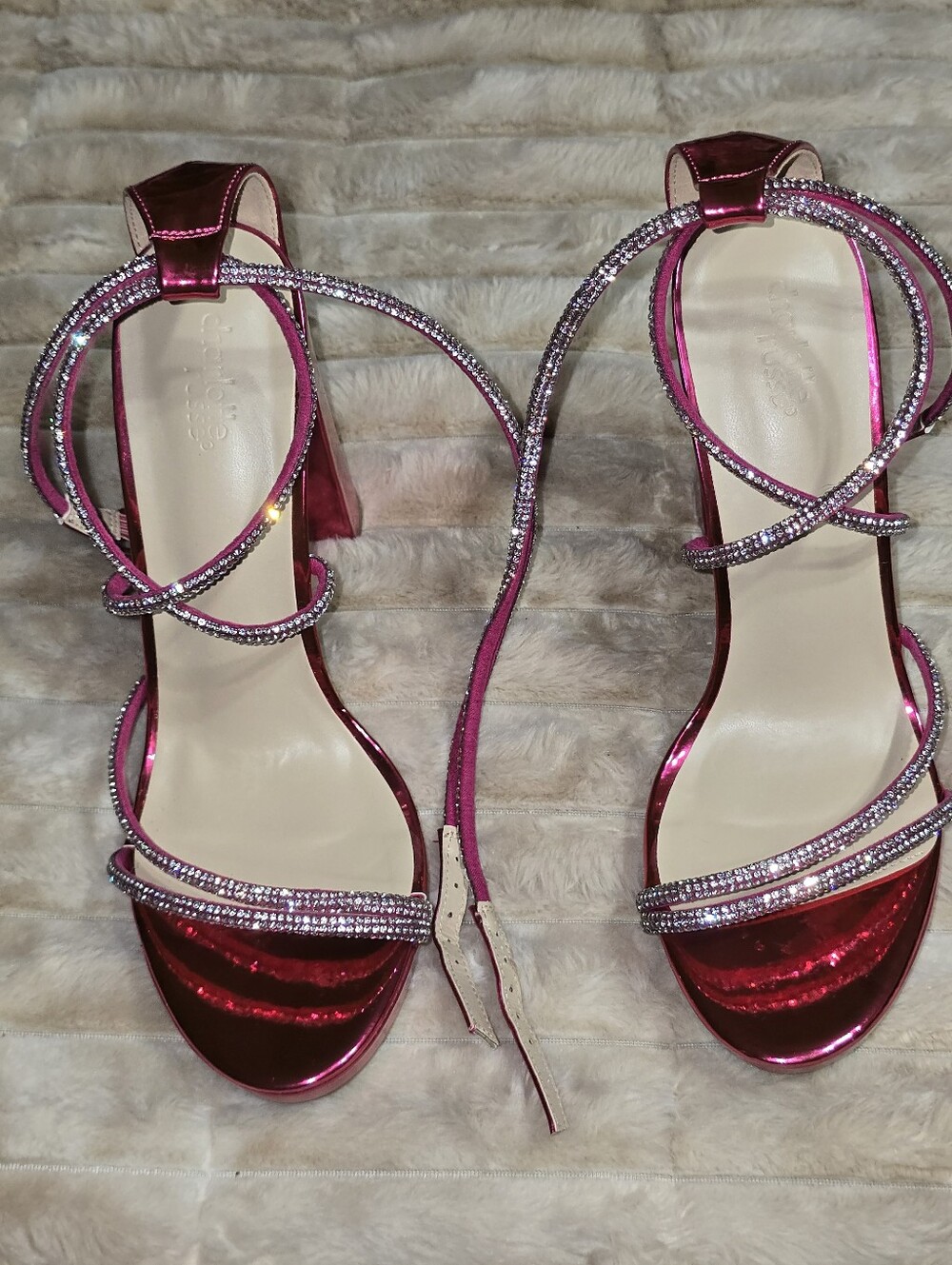 Charlotte Russe Metallic Hot Pink Rhinestone Lace-Up Block Heel Sandles